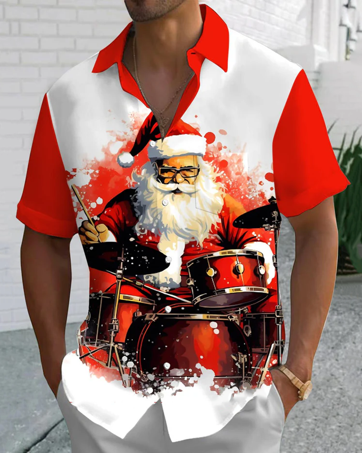 Alohadaddy® Christmas Santa Claus Color Block Print Stretch Button Men's Short Sleeve Shirt Big & Tall