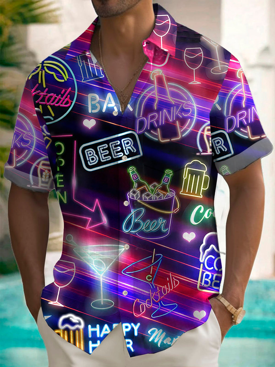 Camisa de manga corta con bolsillo abotonado y estampado neón de cóctel hawaiano Ombre de Alohadaddy para hombre
