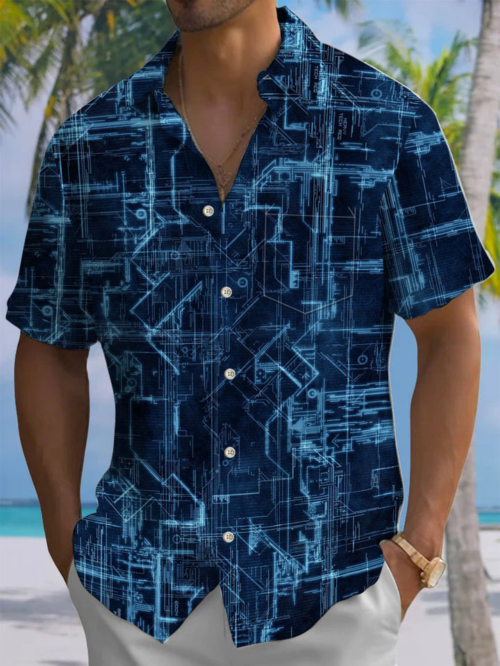 Alohadaddy® Casual Geometric Art Print Chest Pocket Men&