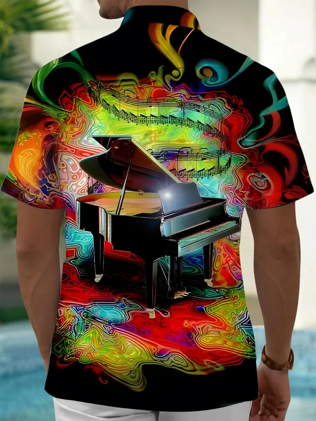 Alohadaddy® Vintage Piano Art Print Chest Pocket Mens Short Sleeve Shirt Big &amp; Tall