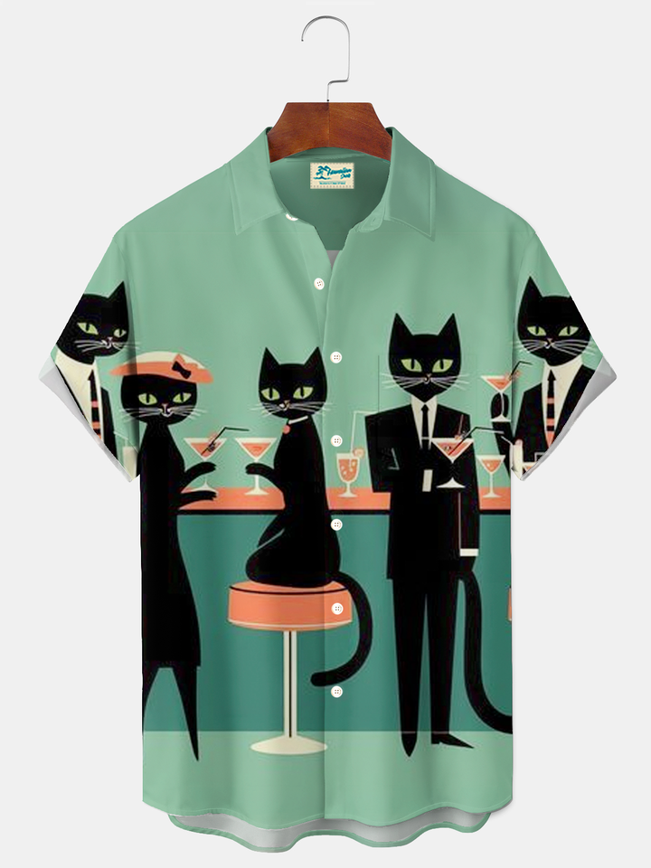 Alohadaddy® Retro 1950s Mid-century Atomic Age Geometric Cat Graphic Print Men&