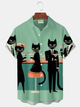 Alohadaddy® Retro 1950s Mid-century Atomic Age Geometric Cat Graphic Print Men's Button Pocket Short Sleeve Shirt Big & Tall