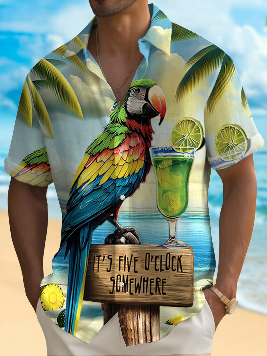 Chemise à manches courtes et poches boutonnées pour homme avec imprimé perroquet hawaïen et cocotier Alohadaddy