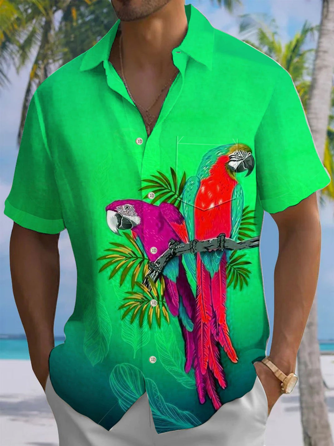 Alohadaddy® Hawaiian Parrot Art Print Chest Pocket Men&