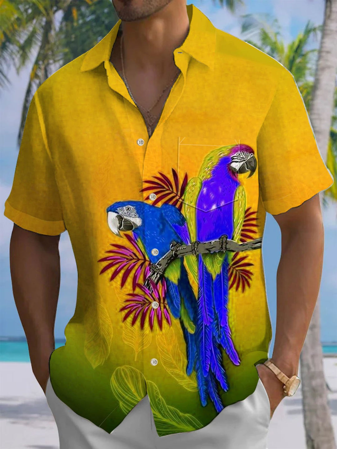 Alohadaddy® Hawaiian Parrot Art Print Chest Pocket Men&