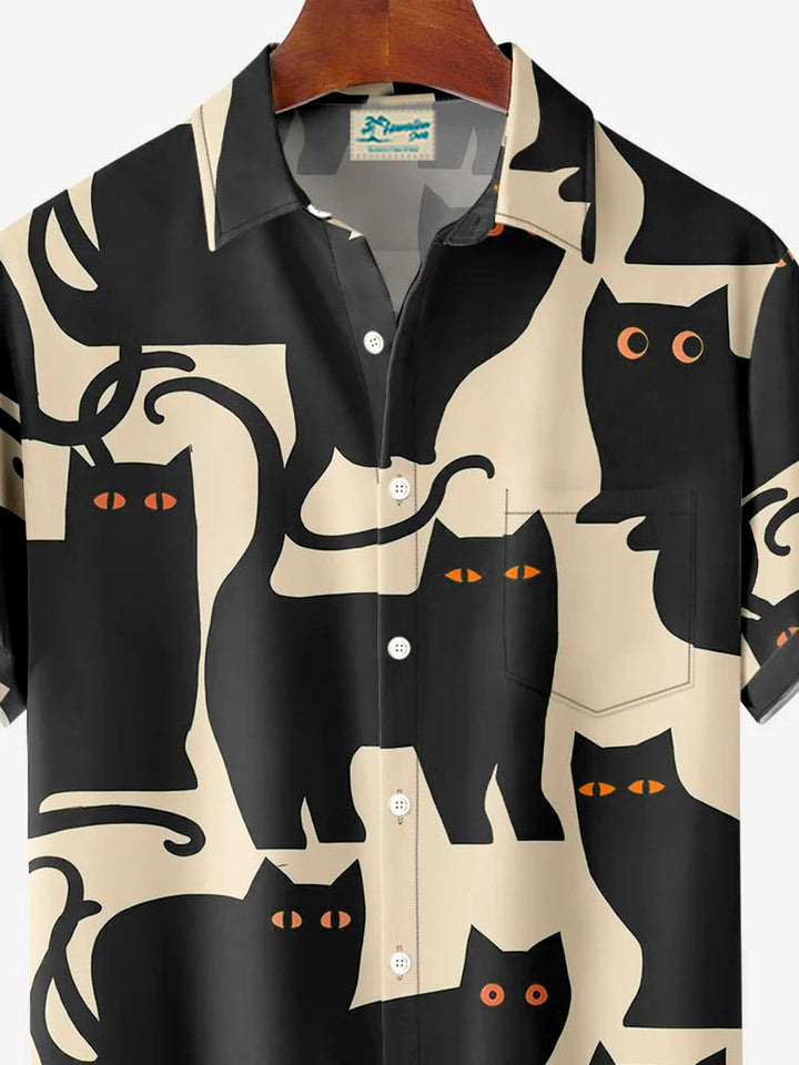 Camisa de manga corta con bolsillo y botones para hombre con estampado digital 3D de gato retro de Alohadaddy para Halloween, talla grande y alta
