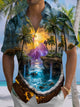 Alohadaddy® Casual Coconut Trees Beautiful Scenery Printed Art Chest Pocket Elastic Oversized Hawaiian Shirt
