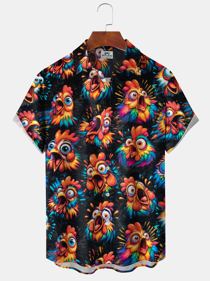 Alohadaddy® Vintage Rooster Art Print Pockets Moisture Wicking Hawaiian Shirt Big &amp; Tall