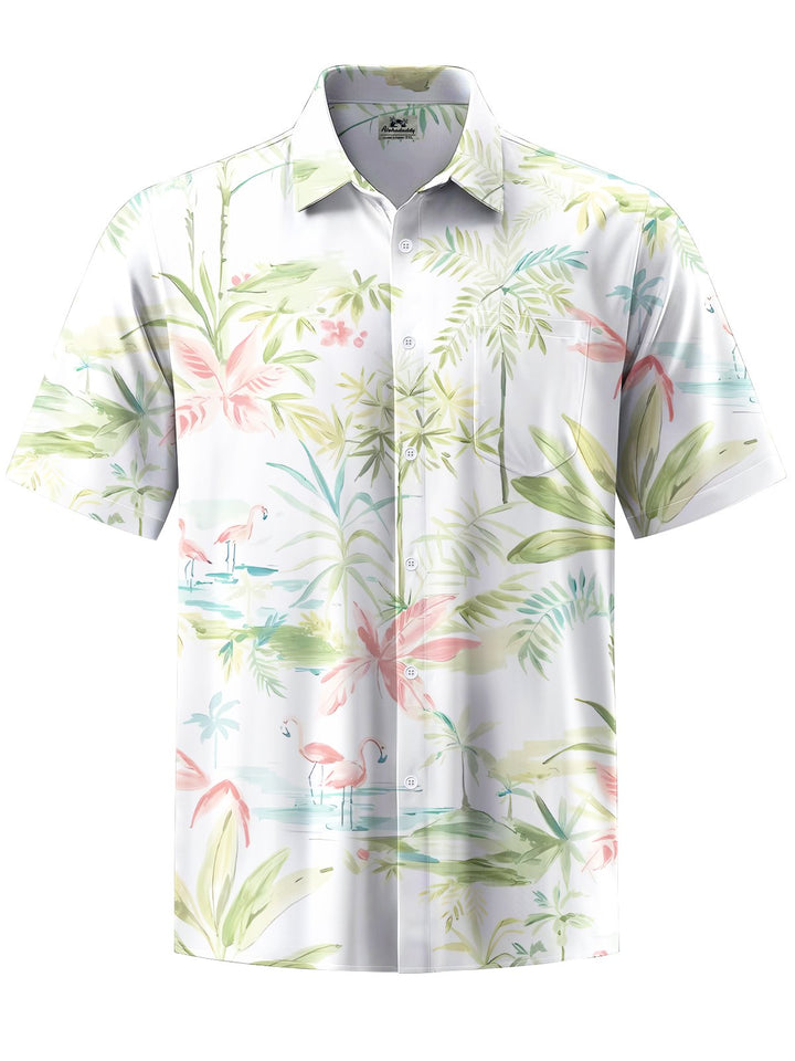 Alohadaddy® Hawaii Flamingo Coconut Tree Print Chest Pocket Men Short Sleeve Shirt Big &amp; Tall