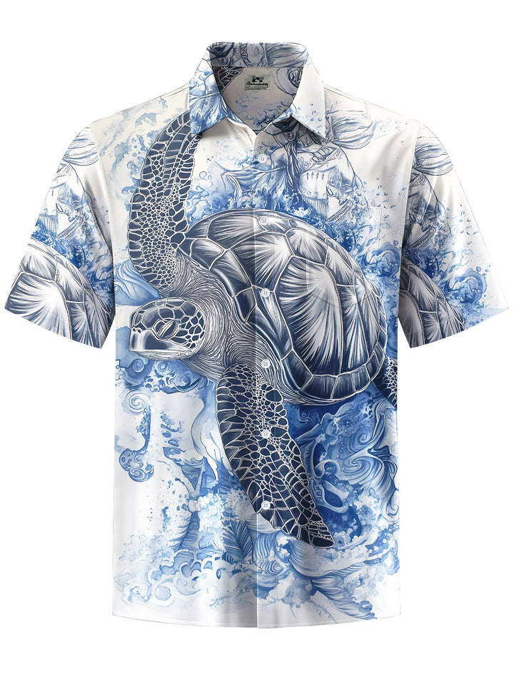 Alohadaddy® Hawaiian Turtle Art Print Chest Pocket Mens Short Sleeve Shirts Big &amp; Tall