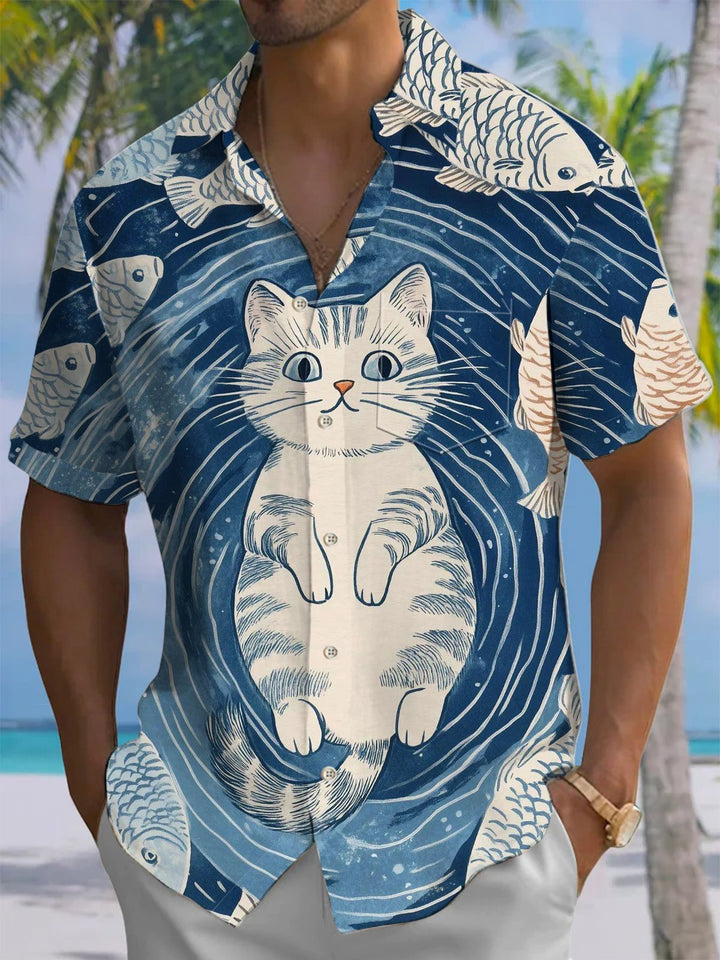 Alohadaddy® Casual Ukiyo-e Cat Print Art Chest Pocket Men Short Sleeve Shirt Big &amp; Tall