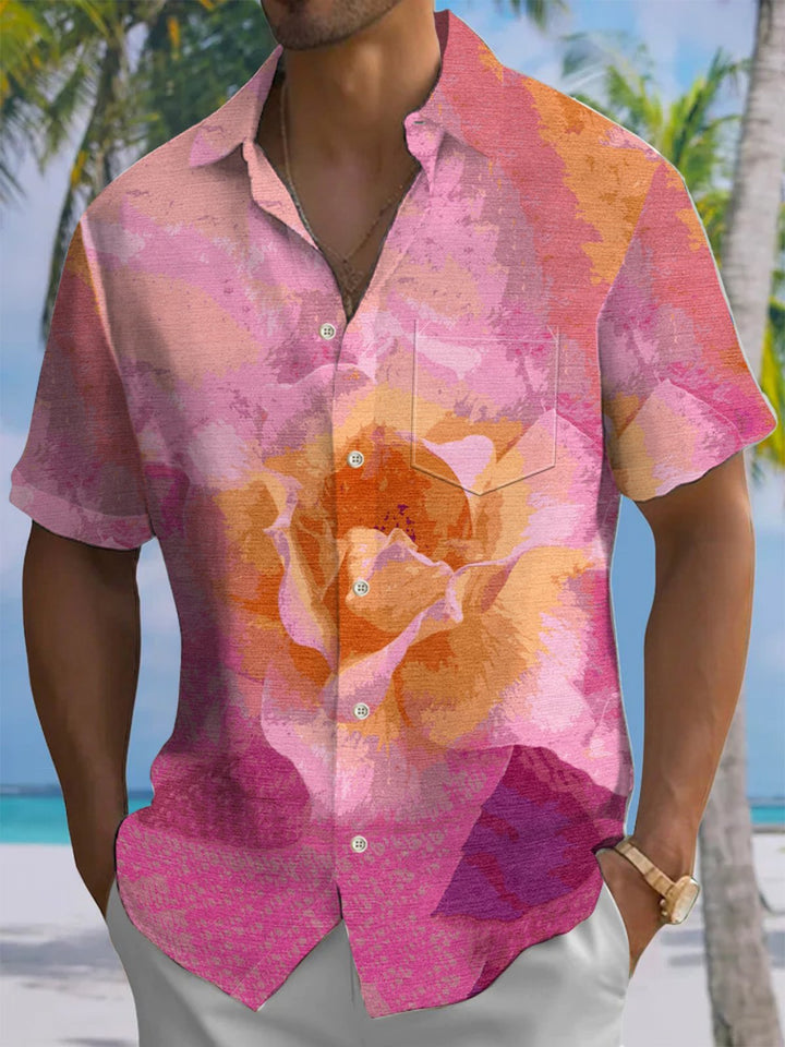 Alohadaddy® Casual Flower Art Print Chest Pocket Men&