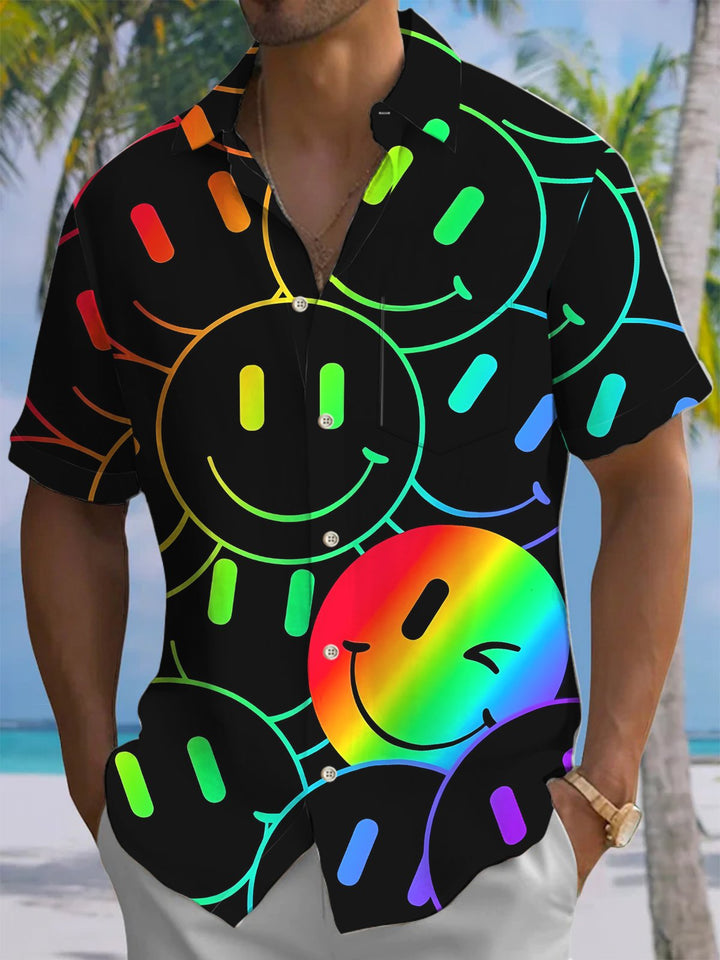 Alohadaddy® Casual Geometric Smiley Art Print Chest Pocket Mens Short Sleeve Shirt Big &amp; Tall