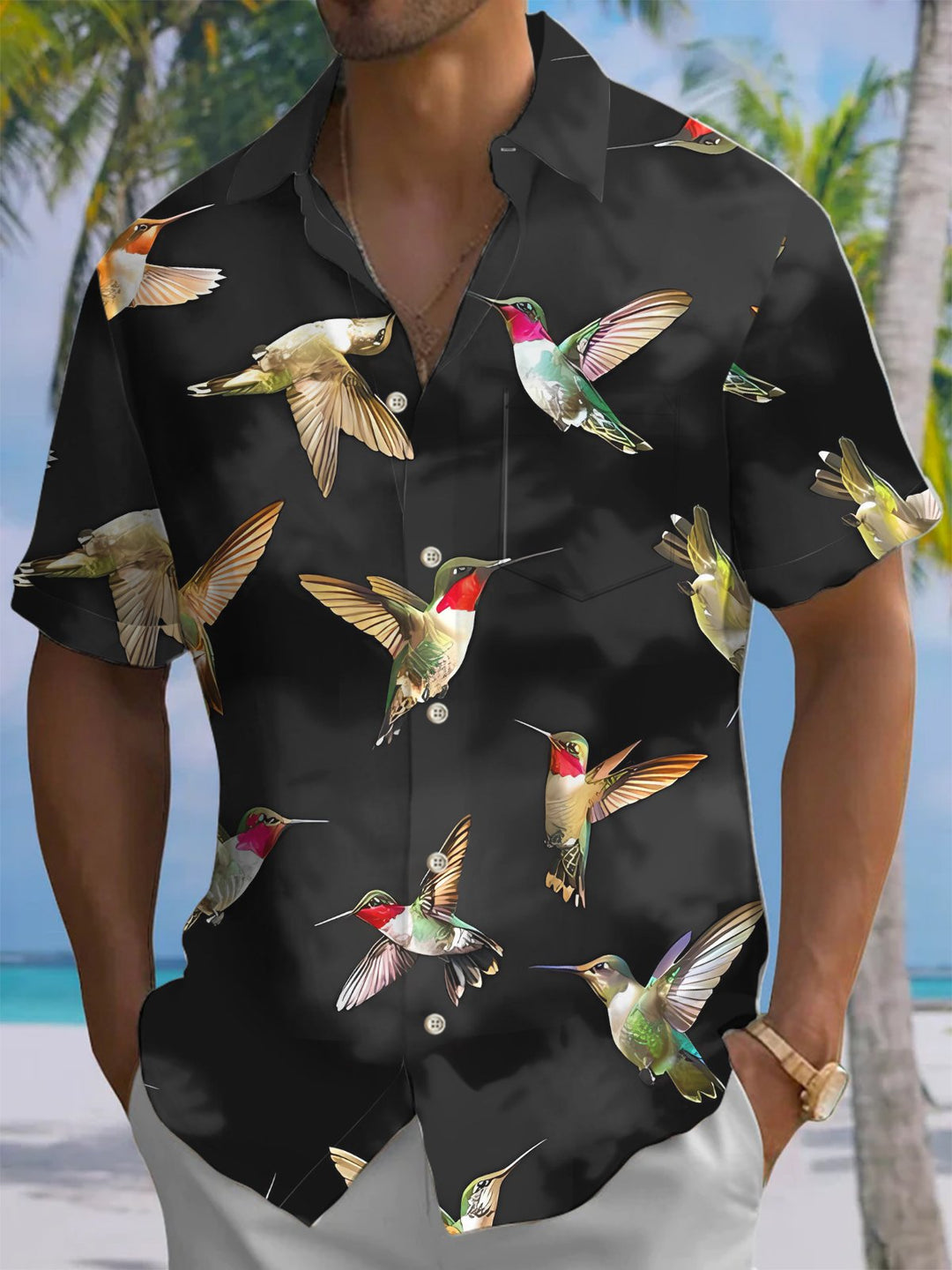 Alohadaddy® Hawaii Bird Art Print Chest Pocket Mens Short Sleeve Shirt Big &amp; Tall