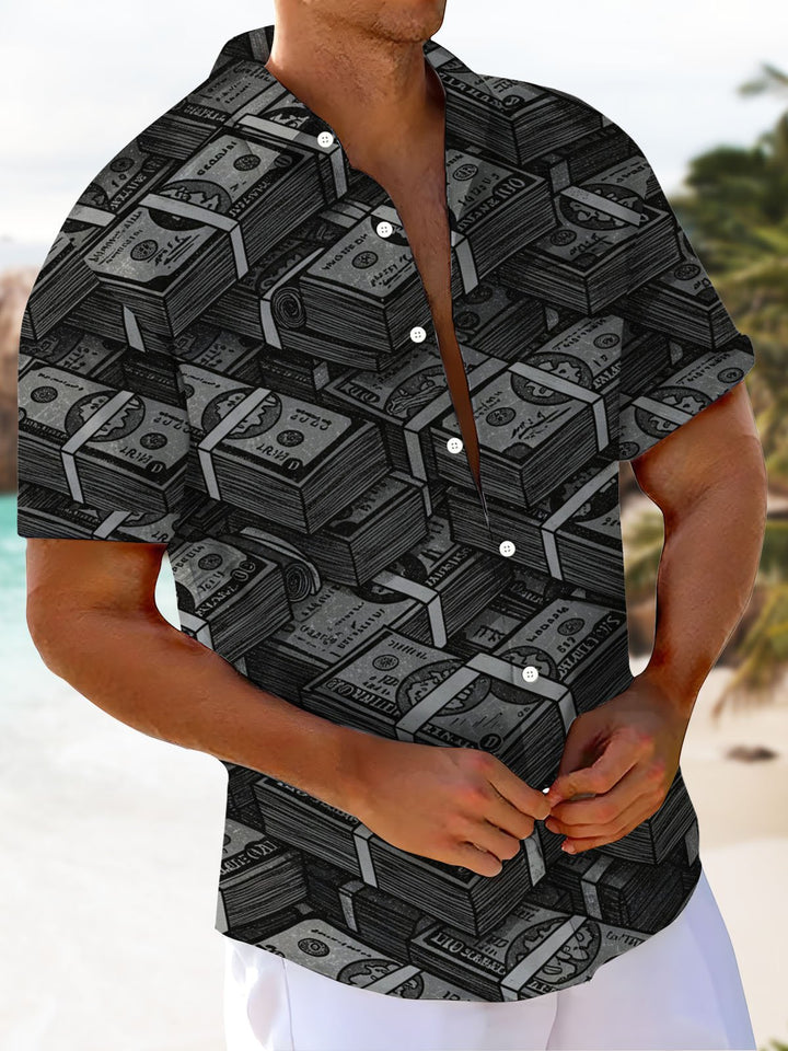 Alohadaddy® Vintage Banknote Art Print Chest Pocket Mens Wicking Short Sleeve Shirt Big &amp; Tall