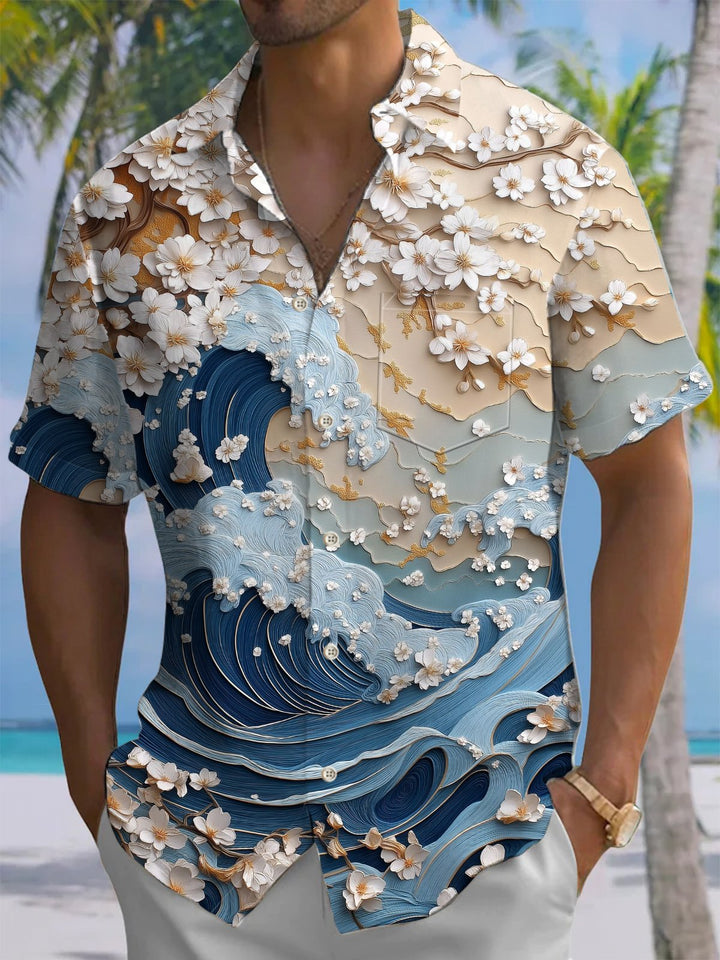 Alohadaddy® Hawaiian Ukiyo-e Wave Print Art Chest Pocket Men&