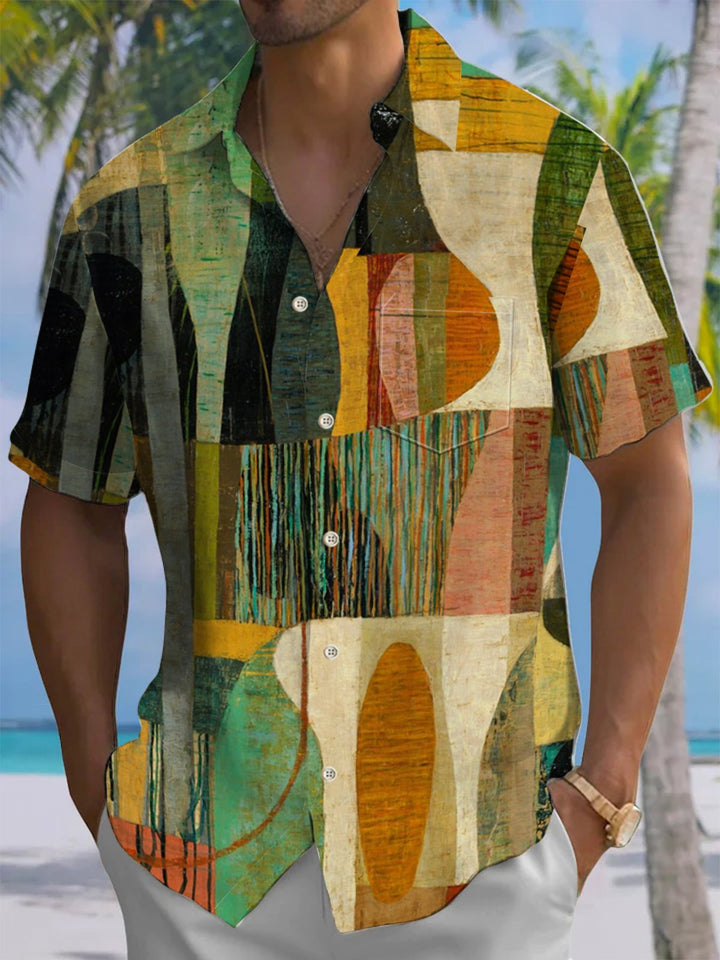 Alohadaddy® Casual Geometric Contrast Art Print Chest Pocket Men&