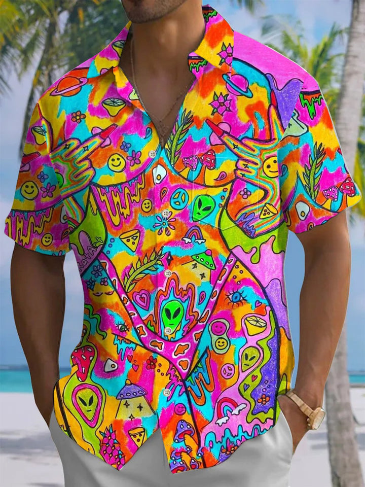 Alohadaddy® Hawaiian Graffiti Art Print Chest Pocket Stretch Men&