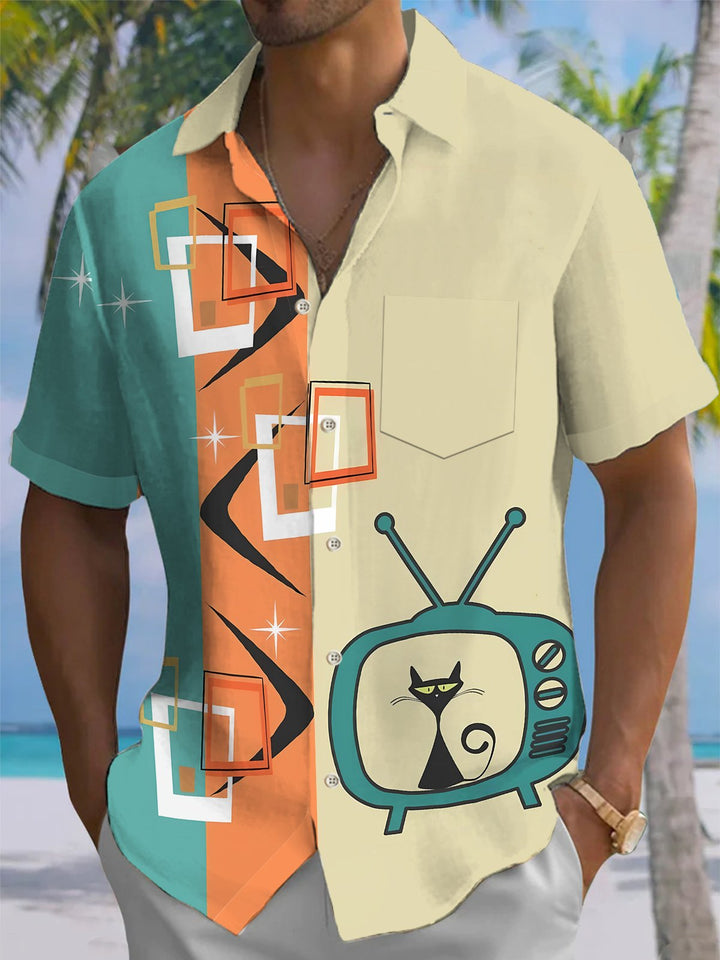 Alohadaddy® Retro Atomic Geometric Cat Print Pocket Elastic Button Men&