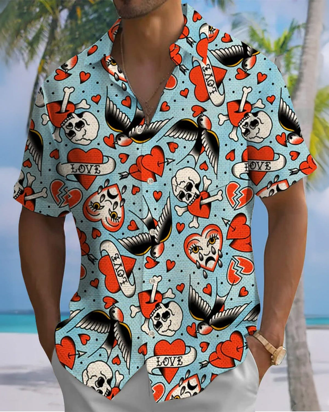 Alohadaddy® Vintage Skull &amp; Bird Art Print Art Pocket Button Stretch Men&