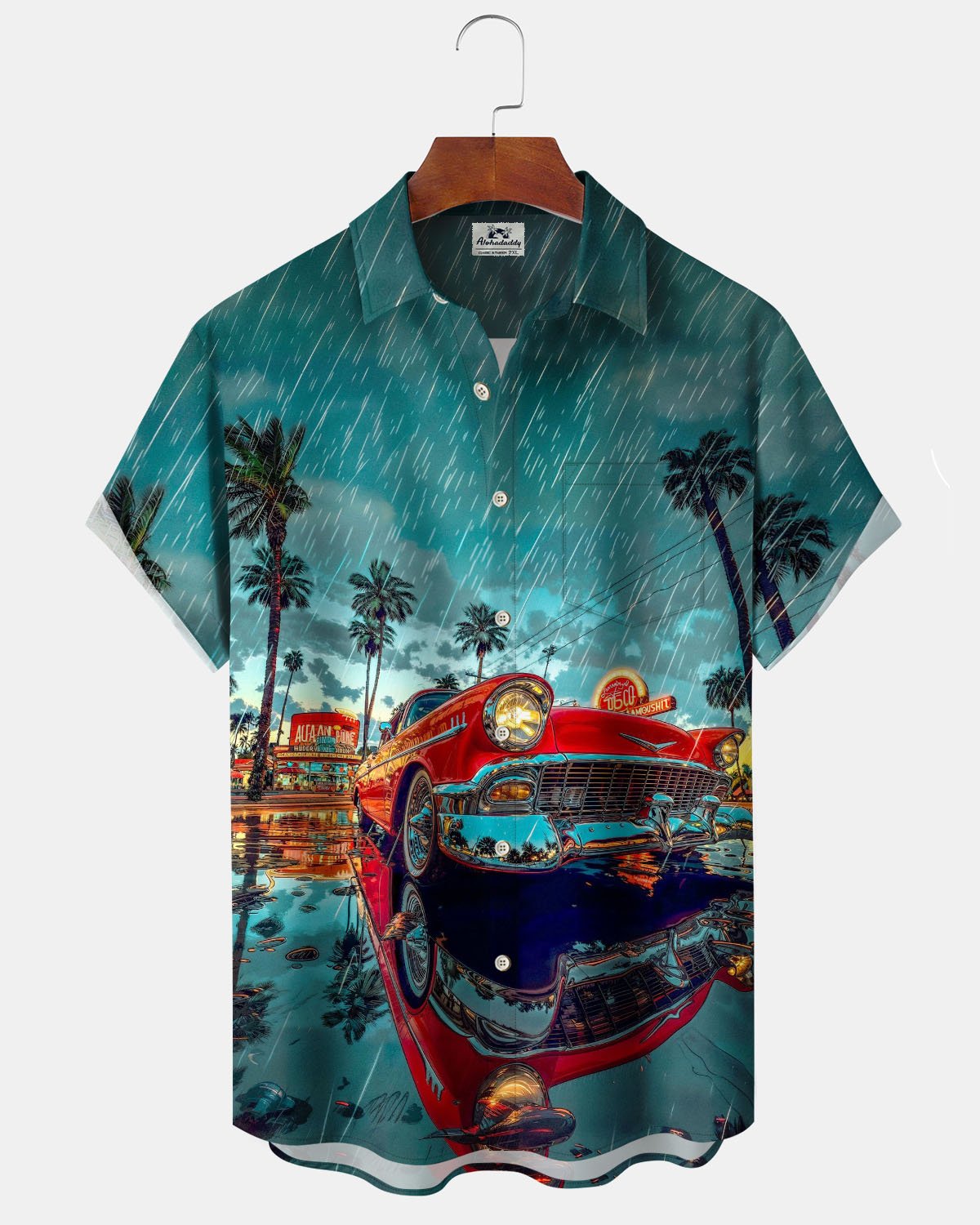 Alohadaddy® Hawaiian Rainy Car Print Art Stretch Men's Short Sleeve Shirt Big & Tall