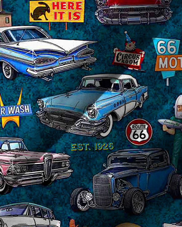 Alohadaddy® Vintage Route 66 Classic Car Art Print Stretch Button Pocket Men&