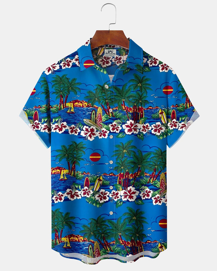 Alohadaddy® Hawaiian Beach Vacation Print Art Pocket Button Stretch Men&