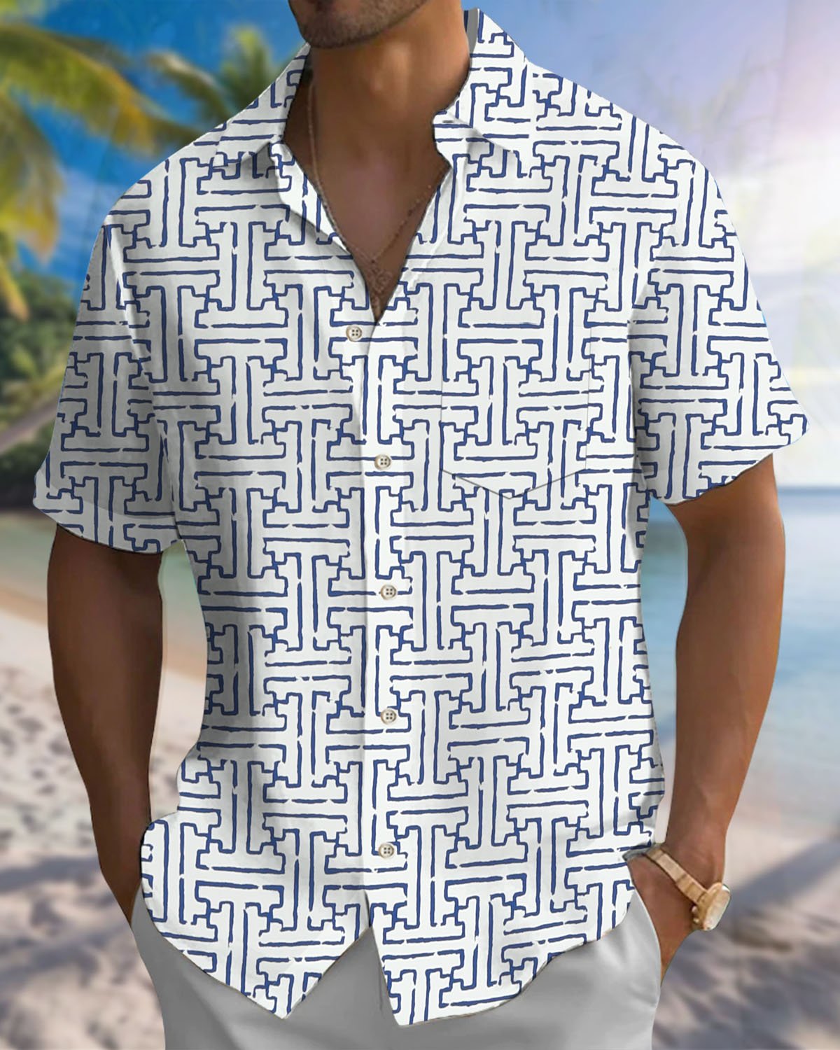 Alohadaddy® Casual Geometric Print Art Button-Down Pocket Men's Short-Sleeve Shirt Big & Tall