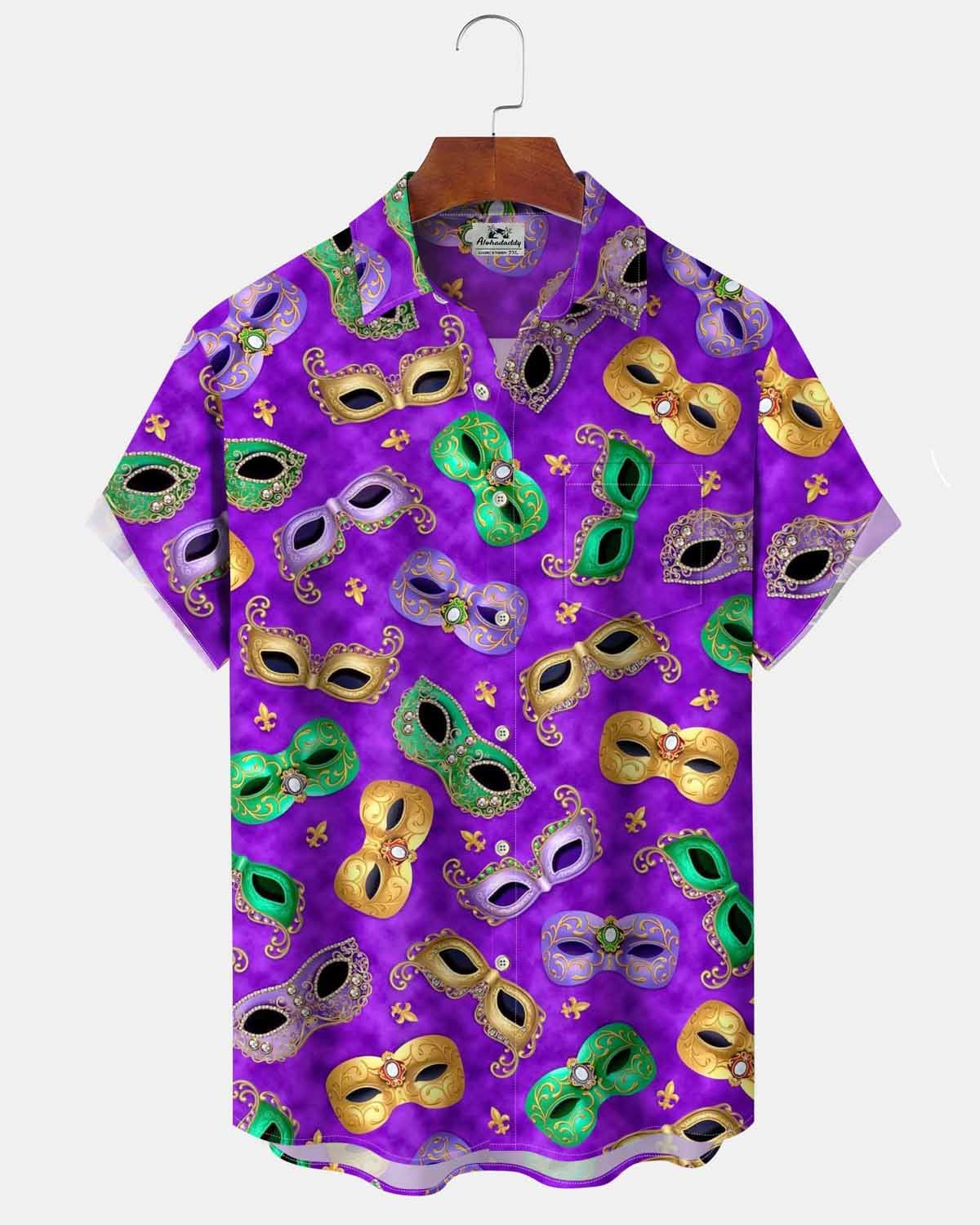 Alohadaddy® Holiday Carnival Mask Print Art Pocket Button Cardigan Men's Short Sleeve ShirtBig & Tall