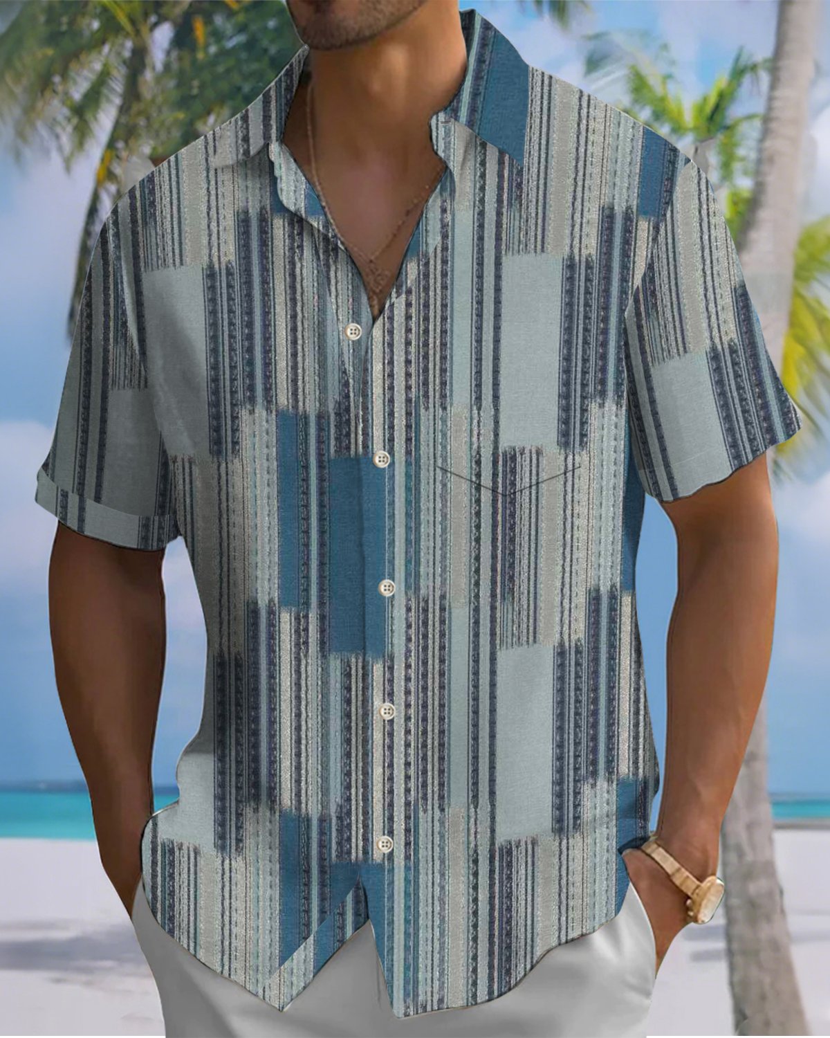 Alohadaddy® Casual Striped Art Print Cardigan Men's Short Sleeve Shirt Big & Tall