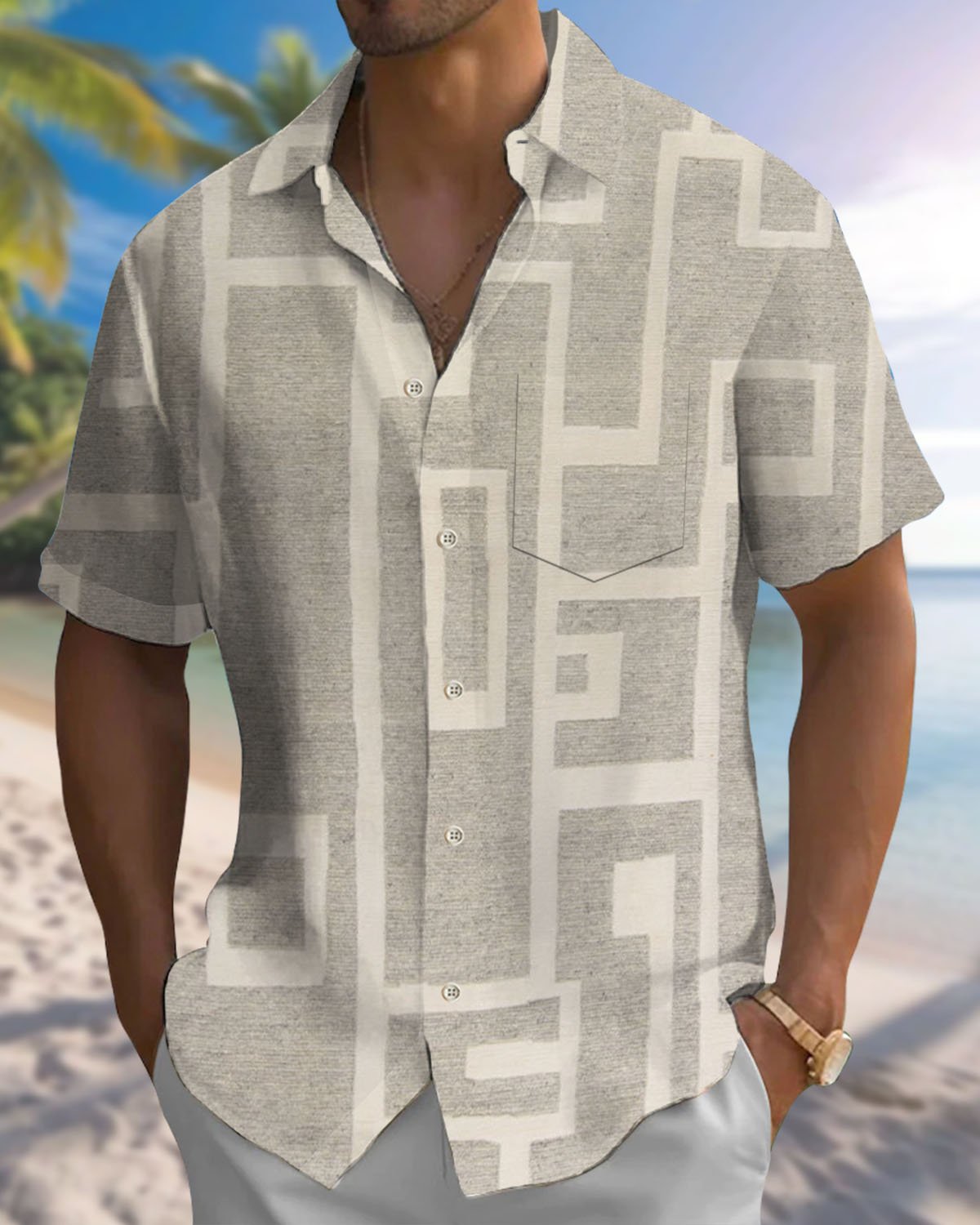 Alohadaddy® Casual Geometric Print Art Button Pocket Cardigan Men's Short Sleeve Shirt Big & Tall