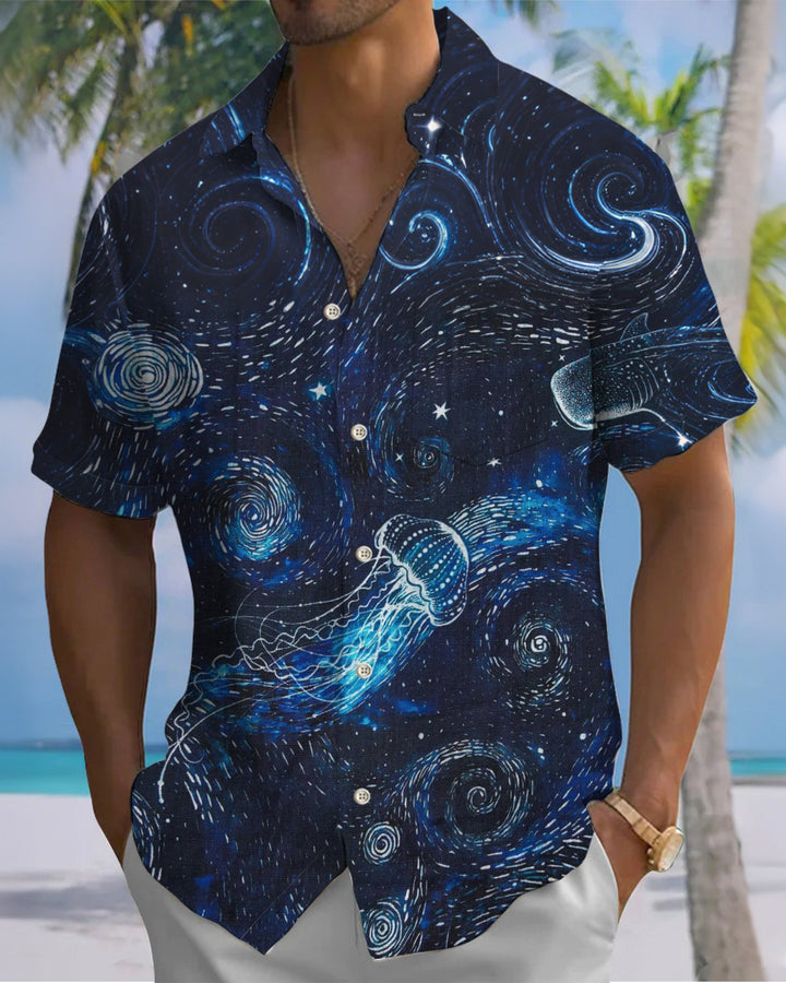 Alohadaddy® Casual Starry Sky Jellyfish Print Artistic Button Pocket Cardigan Men&