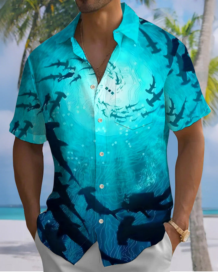 Alohadaddy® Hawaiian Marine Life Print Art Button Pocket Cardigan Men&