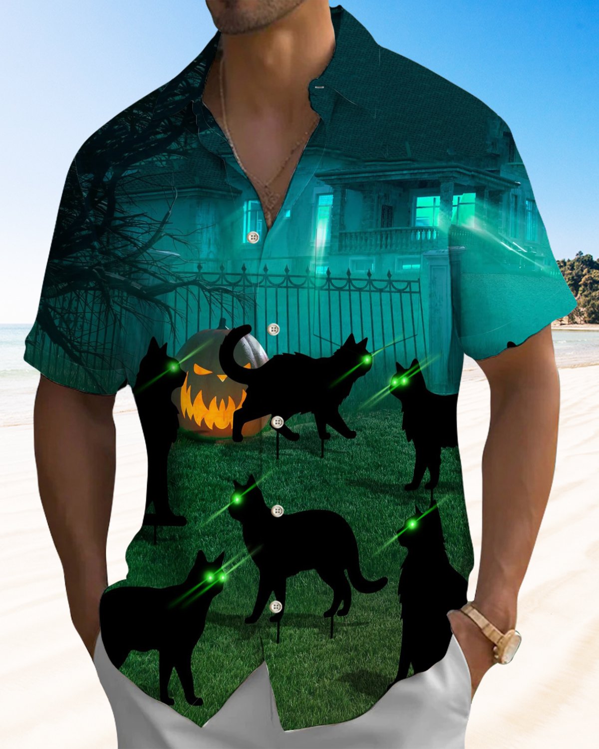 Alohadaddy® Men's Short-Sleeve Button-Down Shirt  Vintage Cat Print with Pocket