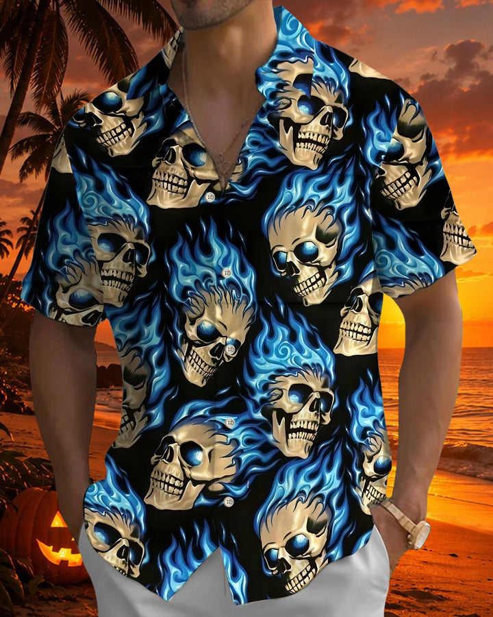 Alohadaddy® Holiday Skull Halloween Print Button-Down Pocket Cardigan-Style Men&