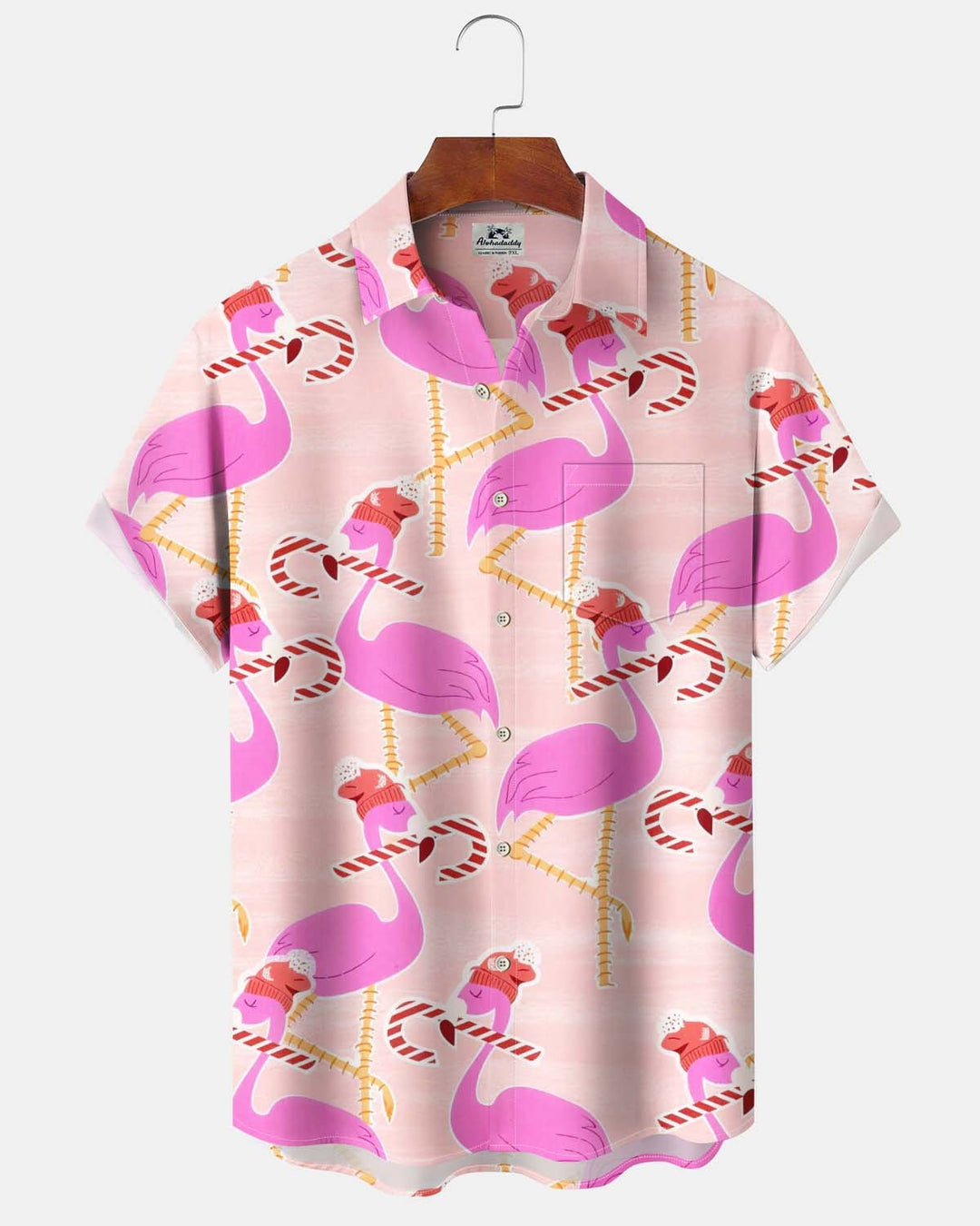 Alohadaddy® Men’s Short-Sleeve Button-Down Shirt Hawaiian-Style Christmas Flamingo Print with Pocket