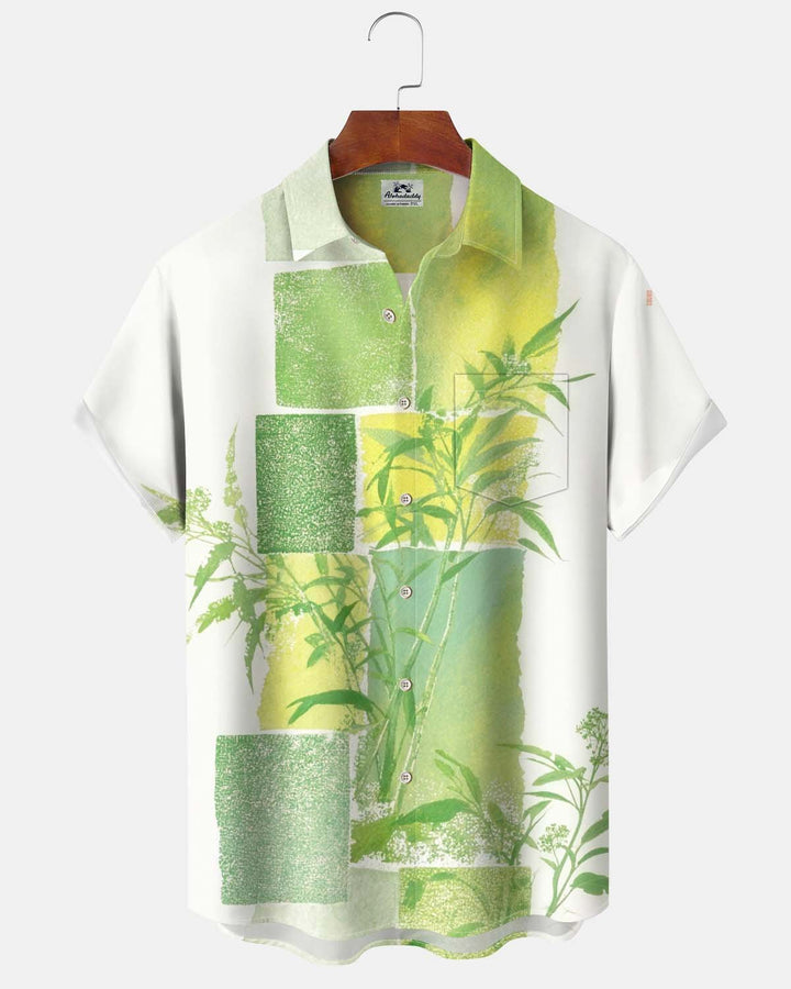 Alohadaddy® Men’s Short-Sleeve Button-Down Shirt  Green Bamboo Print, with Pocket