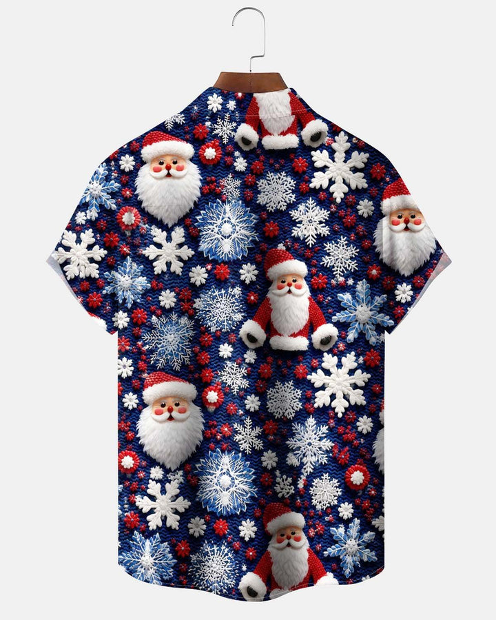 Alohadaddy® Holiday Men’s Short-Sleeve Button-Down Shirt with Santa Claus and Snowflake Print, Featuring Pockets