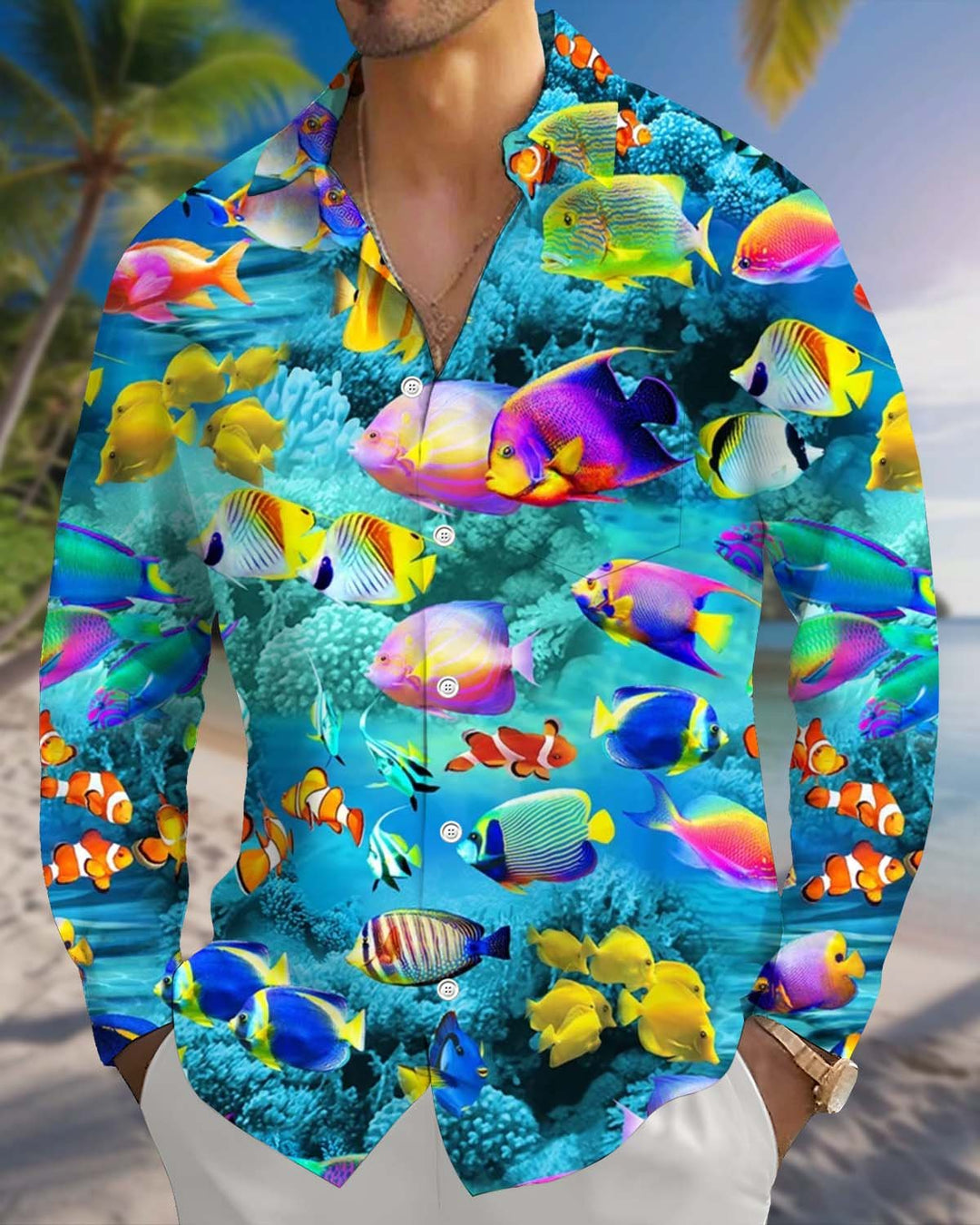 Alohadaddy® Men’s Long-Sleeve Button-Down Shirt with Pocket  Hawaiian Fish Print