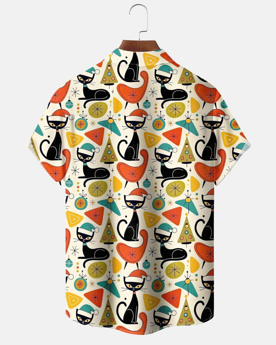 Alohadaddy® Vintage-Style Men’s Short-Sleeve Button-Down Shirt with Christmas Black Cat Print and Pocket