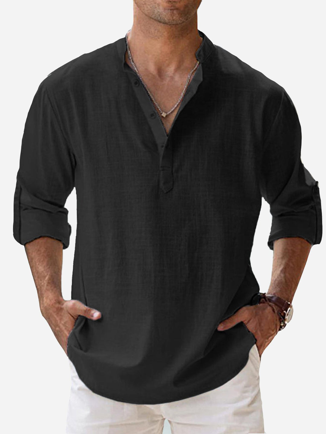 Camisas de manga larga con cuello de banda, de lino y algodón, básicas, informales, vintage, de Alohadaddy, cómodas y transpirables para campamento