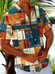 Camisa de manga corta con bolsillo abotonado y estampado de textura de bloques de colores geométricos retro para hombre de Alohadaddy
