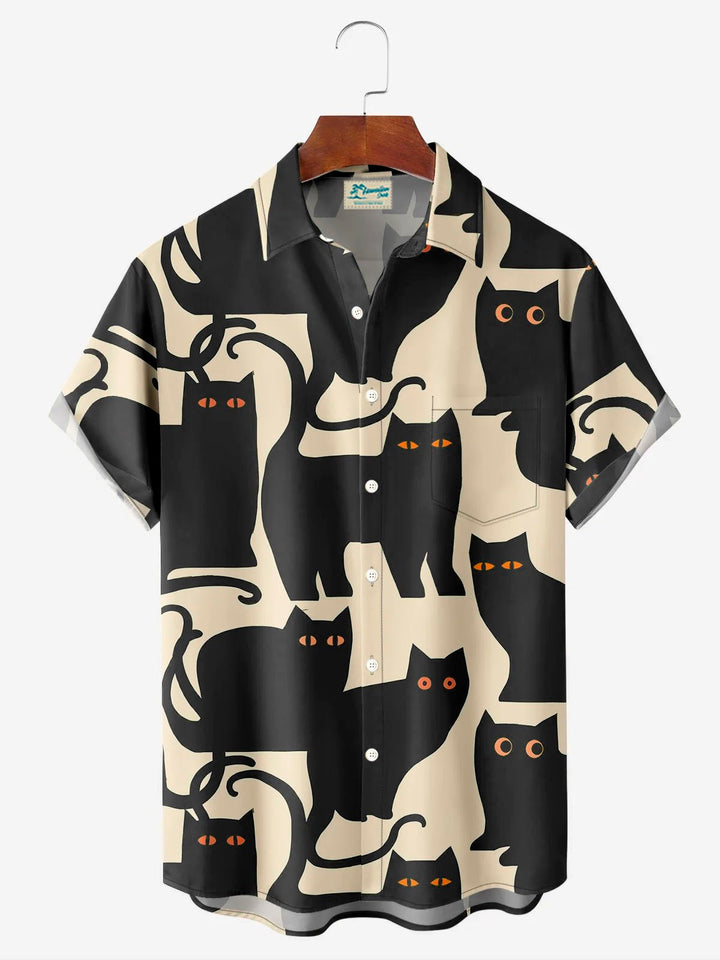 Camisa de manga corta con bolsillo y botones para hombre con estampado digital 3D de gato retro de Alohadaddy para Halloween, talla grande y alta