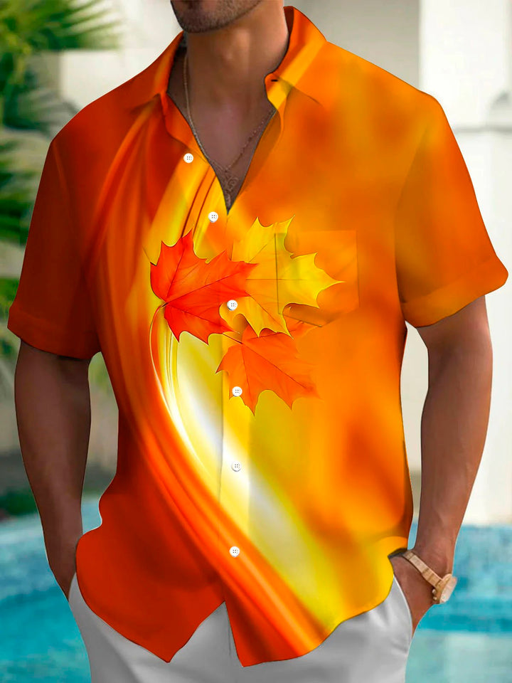 Chemise à manches courtes et poches boutonnées pour homme avec imprimé numérique 3D en feuille d&