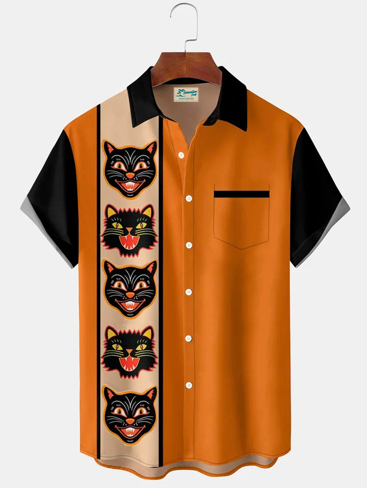 Camisa de manga corta con bolsillo y botones para hombre, con estampado digital 3D de bolos retro de Halloween de Alohadaddy, talla grande y alta