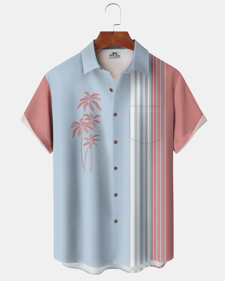 Alohadaddy® Retro Striped Coconut Tree Bowling Shirt Print Men&