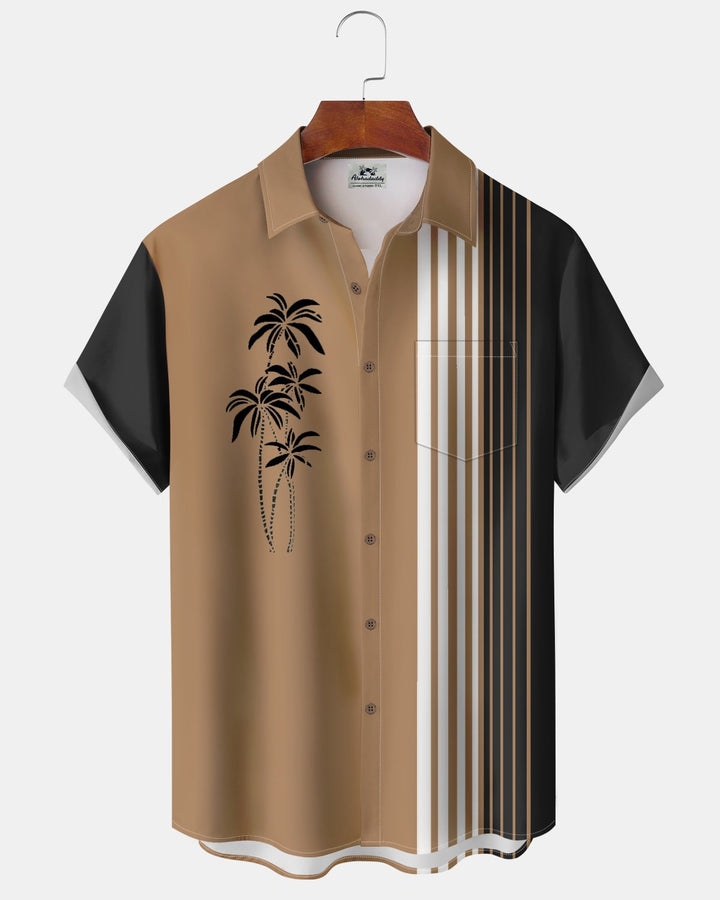 Alohadaddy® Retro Striped Coconut Tree Bowling Shirt Print Men&