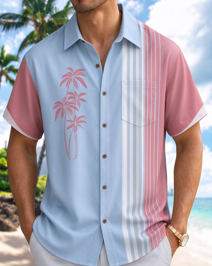 Alohadaddy® Retro Striped Coconut Tree Bowling Shirt Print Men&