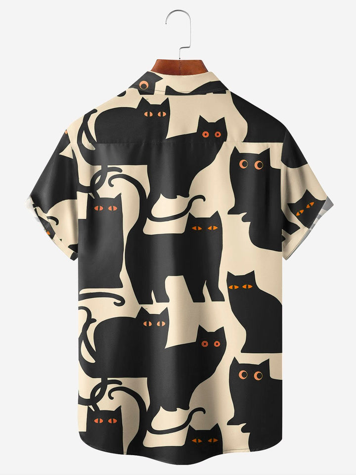 Camisa de manga corta con bolsillo y botones para hombre con estampado digital 3D de gato retro de Alohadaddy para Halloween, talla grande y alta