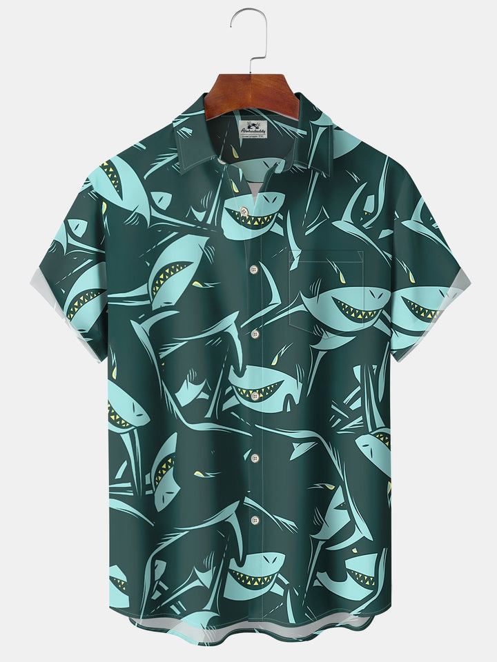 Alohadaddy Hawaii Ocean Shark Print Art Pockets Buttons Stretch Oversized Shirt